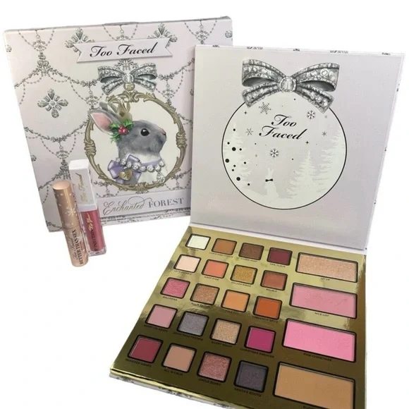 Too Faced Enchanted Eyeshadow Palette with Pink Lip Gloss and travel Mascara